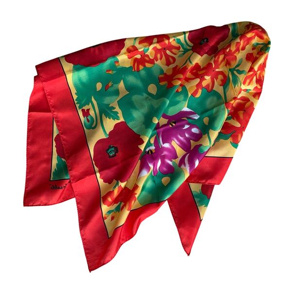 Laura Geraldi silky polyester scarf bright colorful flowers large 30" square - Picture 3 of 8